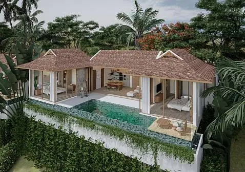 Villas "Shambala Seaview Residences – 2 Bedroom Seaview Pool Villas in Bang Makham for sale" 2 bedrooms, 3 showers, garden, private pool, sea view, walking distance to the beach, district Nathon, 